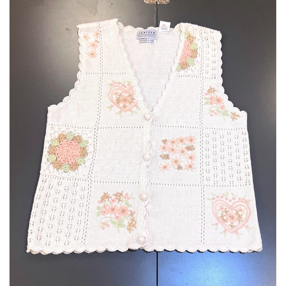 Jantzen Classics Sweater Vest Women L White Embroidered Floral Knit Vtg Good